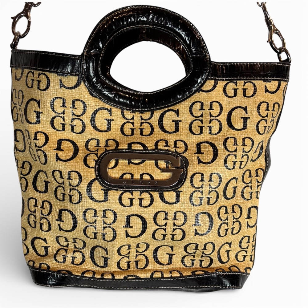 GUESS Monogram Straw Tote Bag Black Tan Croc Embossed Trim Crossbody Handbag